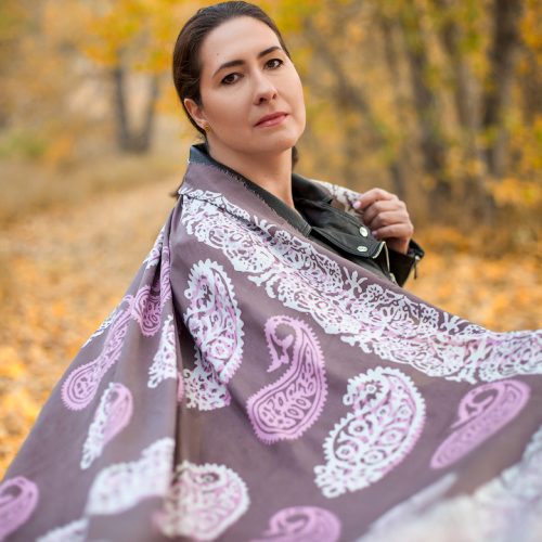 Grey with White & Pink patterns Kelagayi Azerbaijani Pure Silk Scarf