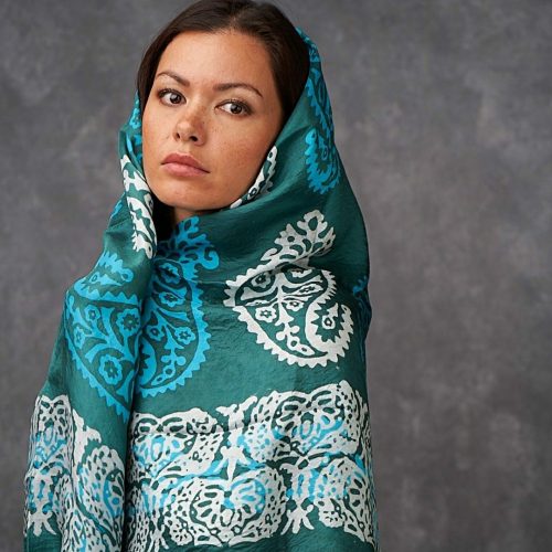 Greenish color Kelagayi with white & blue patterns Azerbaijani silk scarf