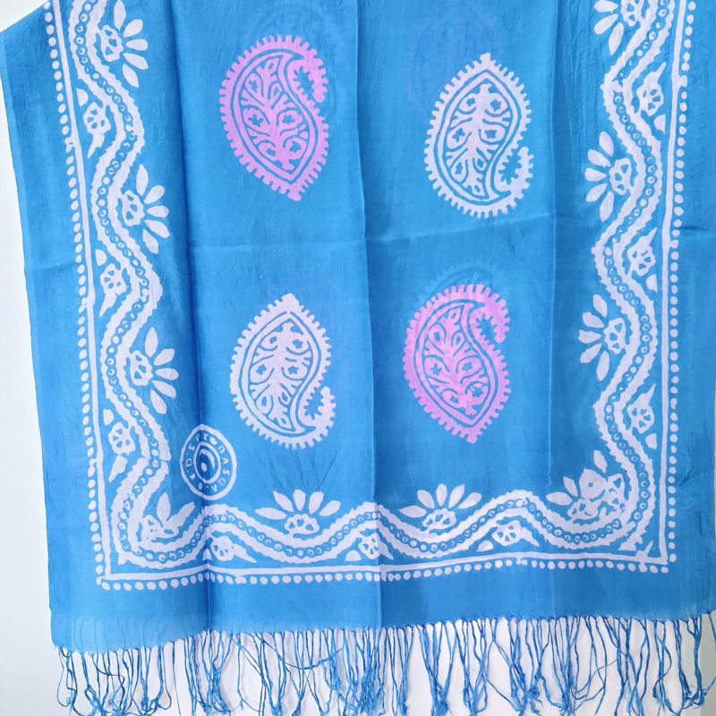 Bright Blue Kelagayi scarf with White and Pink patterns 190cmx65cm