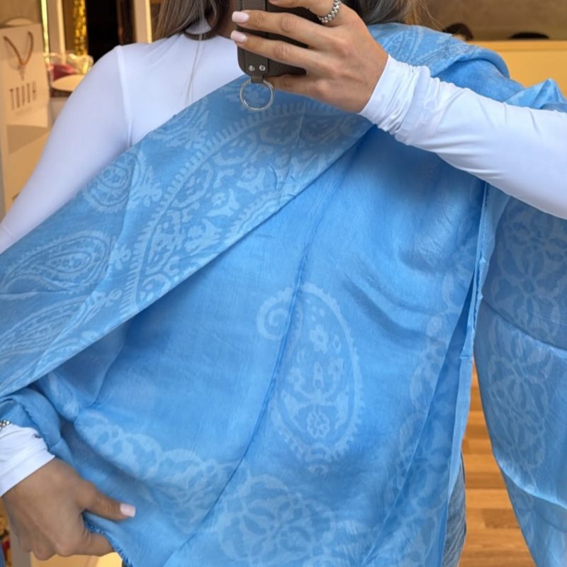 Blue Kelagayi scarf with Light Blue patterns 120cm x 120cm