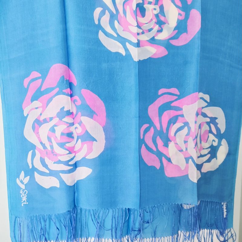 Bright Blue Kelagayi scarf with White and Pink Roses 190cmx65cm