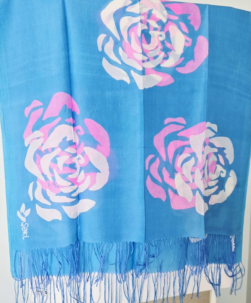 Bright Blue Kelagayi scarf with White and Pink Roses 190cmx65cm