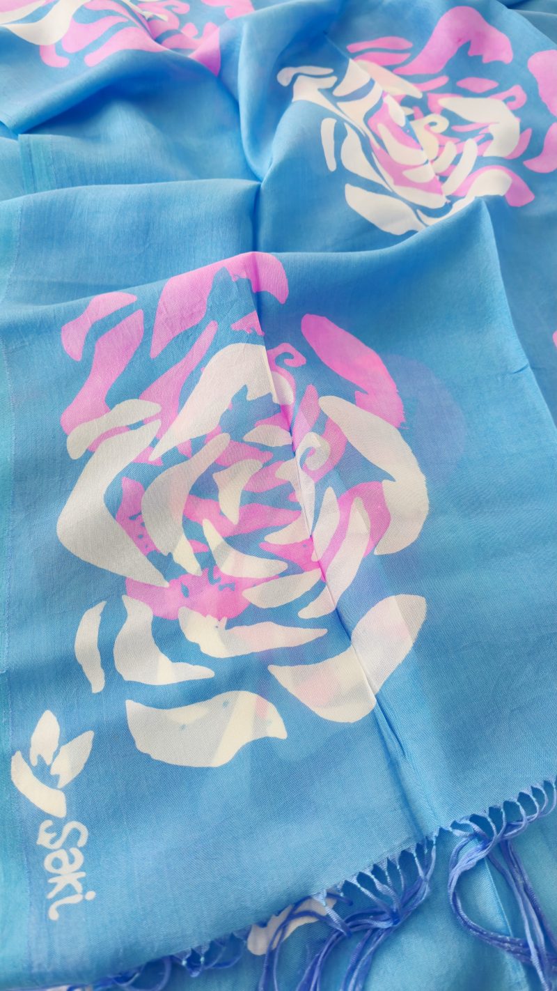 Bright Blue Kelagayi scarf with White and Pink Roses 190cmx65cm - Image 3