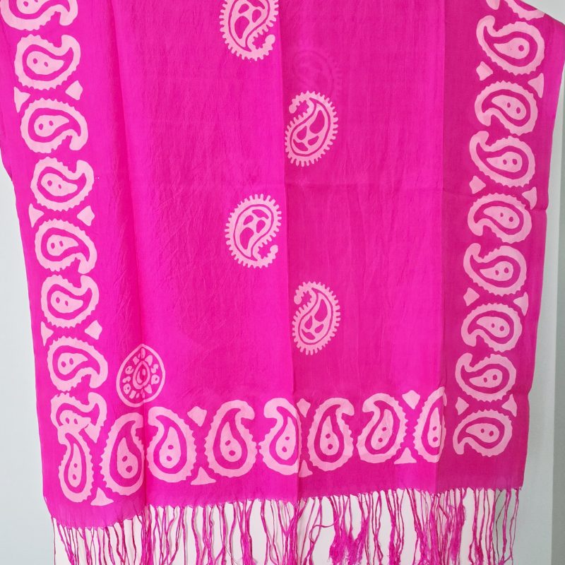 Bright Pink Kelagayi scarf with White patterns 190cmx65cm