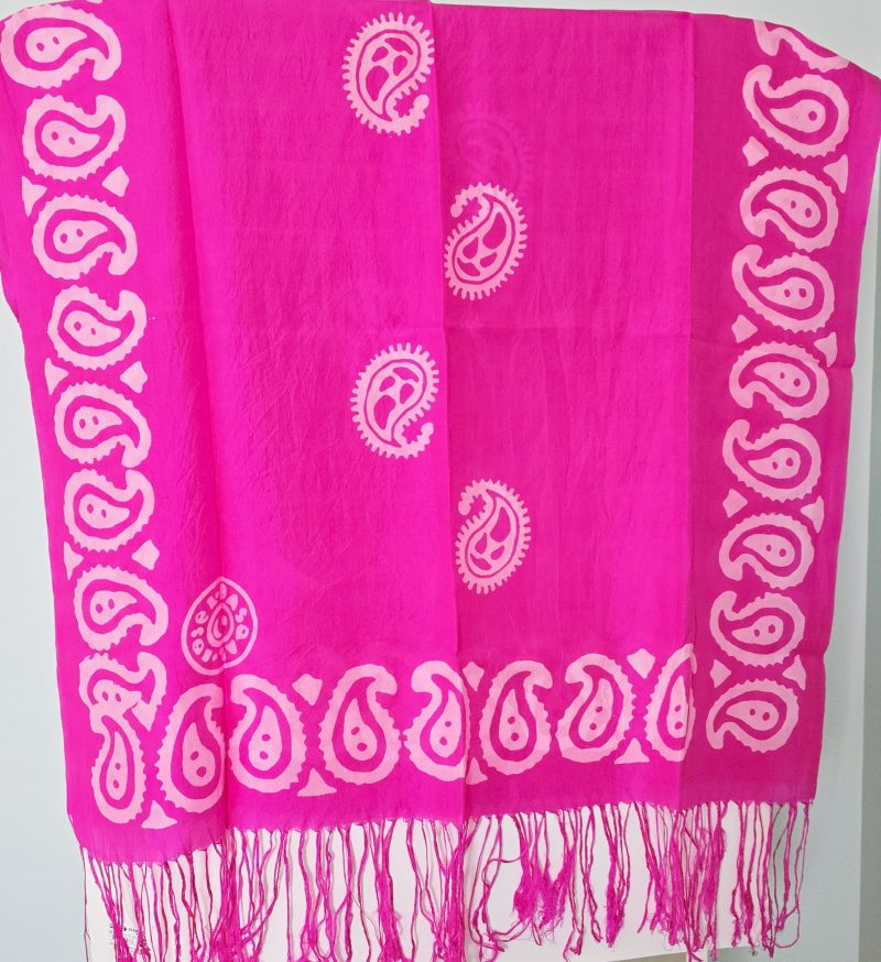 Bright Pink Kelagayi scarf with White patterns 190cmx65cm