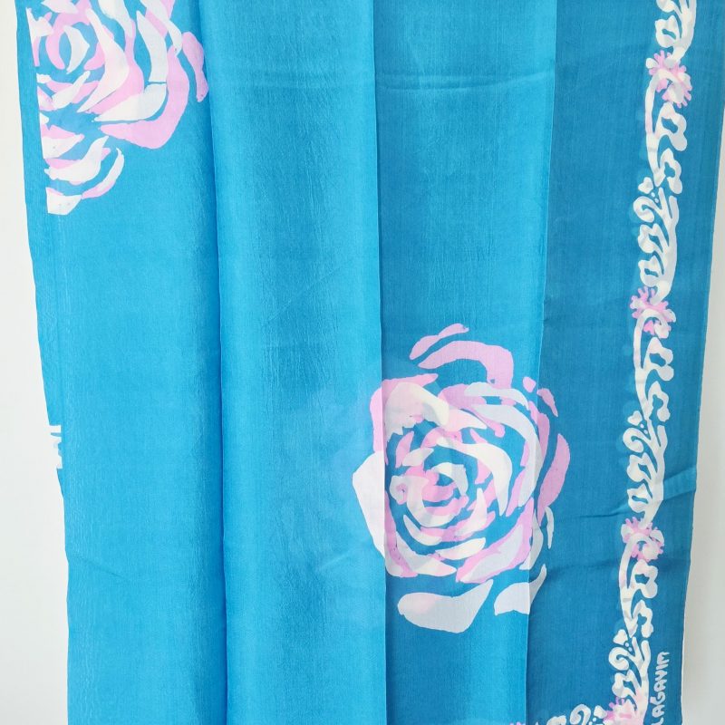 Bright Blue Kelagayi scarf with White and Pink Roses patterns 120cm x 120cm