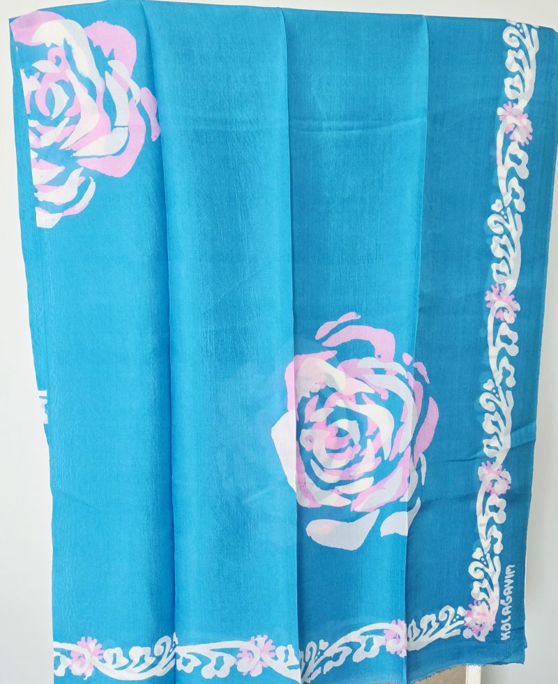 Bright Blue Kelagayi scarf with White and Pink Roses patterns 120cm x 120cm