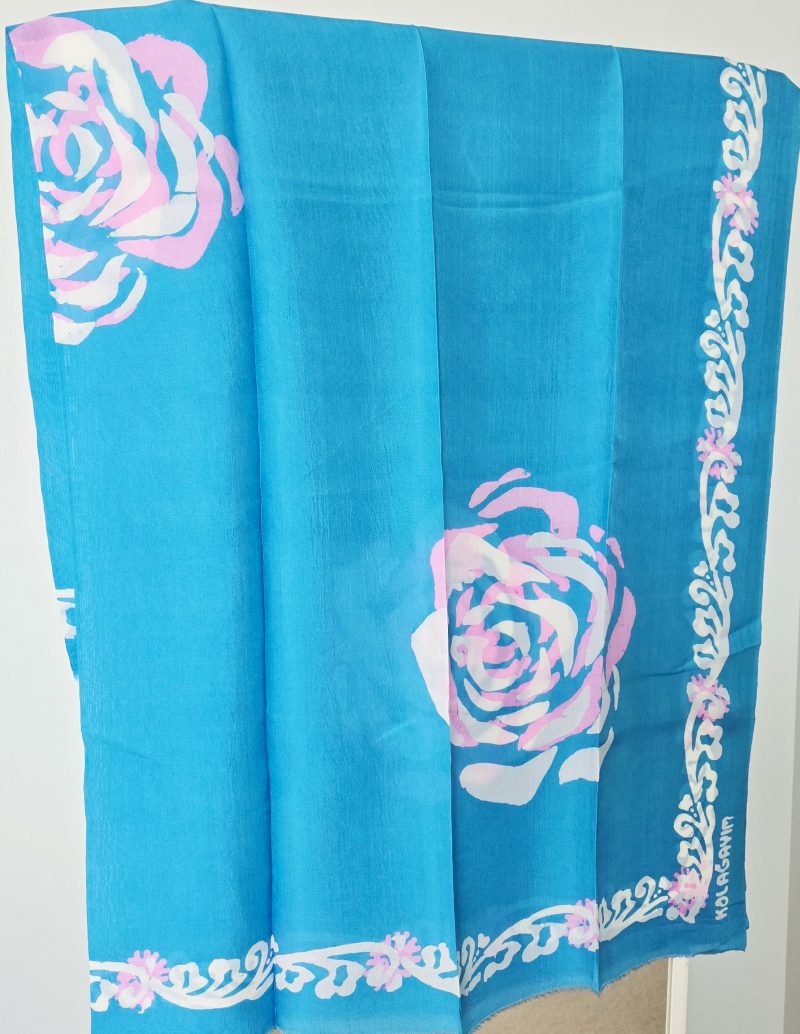 Bright Blue Kelagayi scarf with White and Pink Roses patterns 120cm x 120cm - Image 2