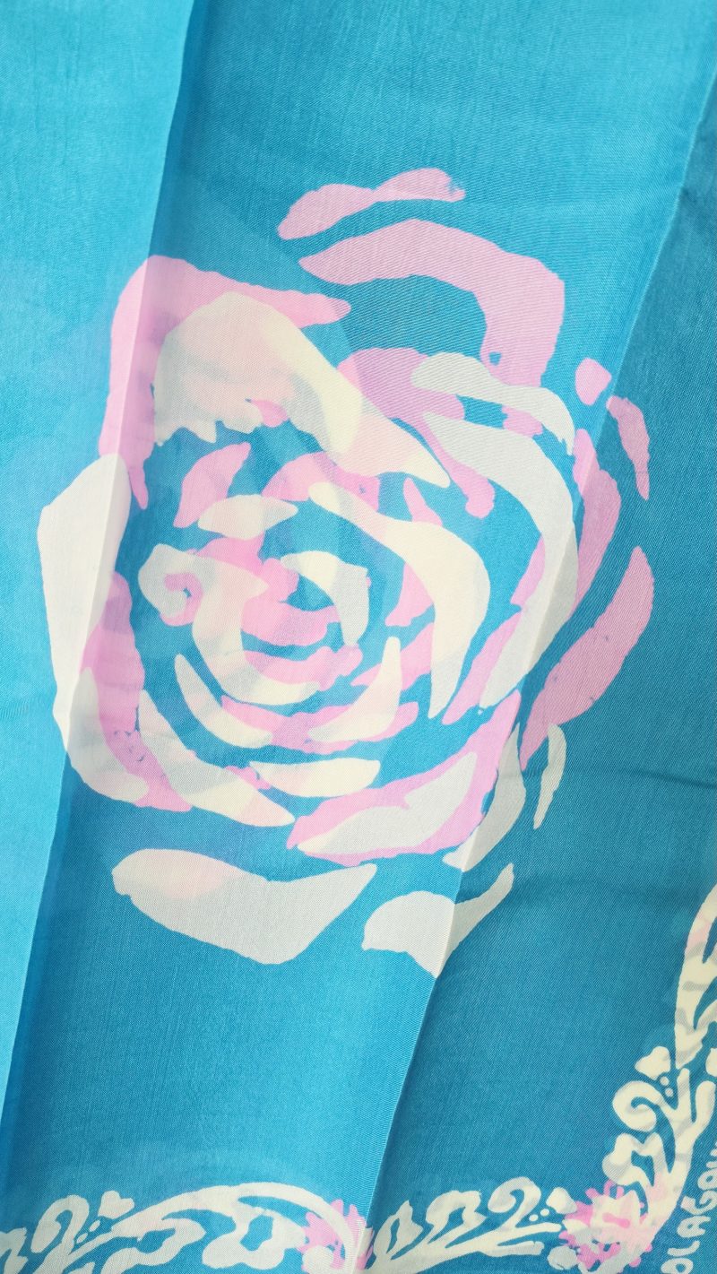 Bright Blue Kelagayi scarf with White and Pink Roses patterns 120cm x 120cm - Image 3