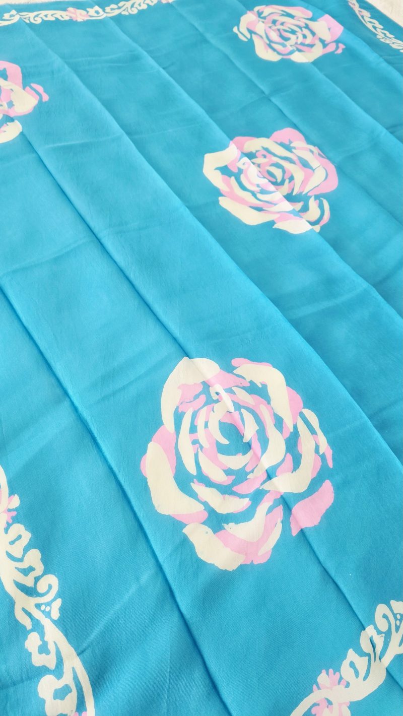 Bright Blue Kelagayi scarf with White and Pink Roses patterns 120cm x 120cm - Image 4