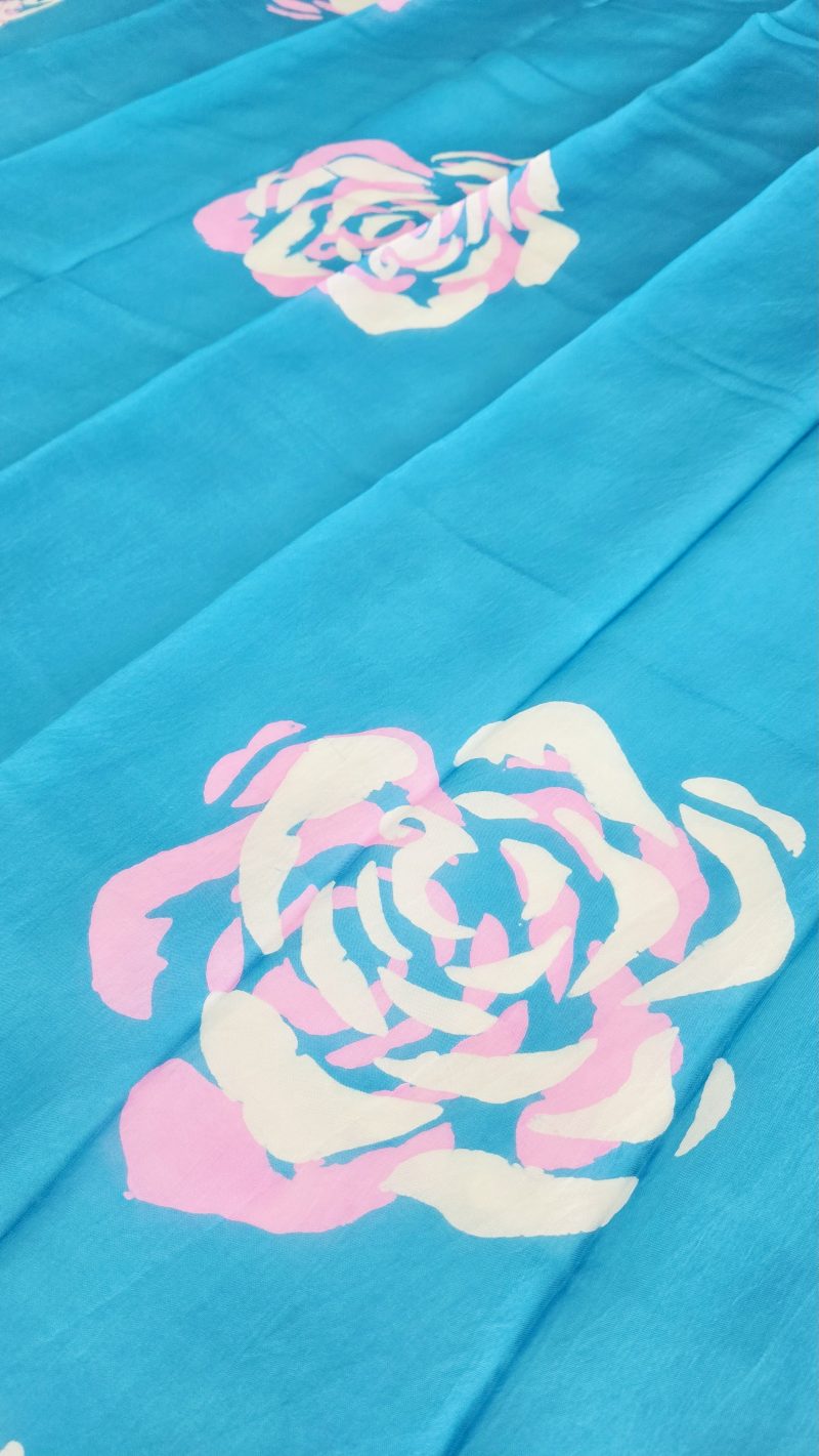 Bright Blue Kelagayi scarf with White and Pink Roses patterns 120cm x 120cm - Image 5