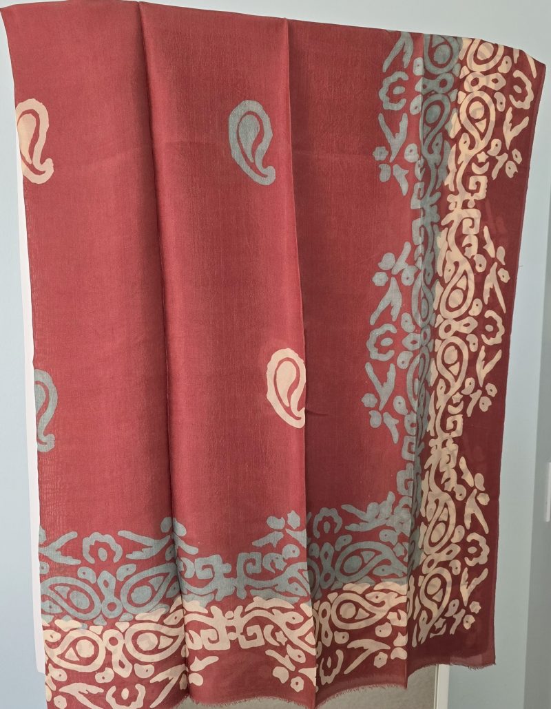 Currant Red Kelagayi scarf with White and Teal patterns 120cm x 120cm