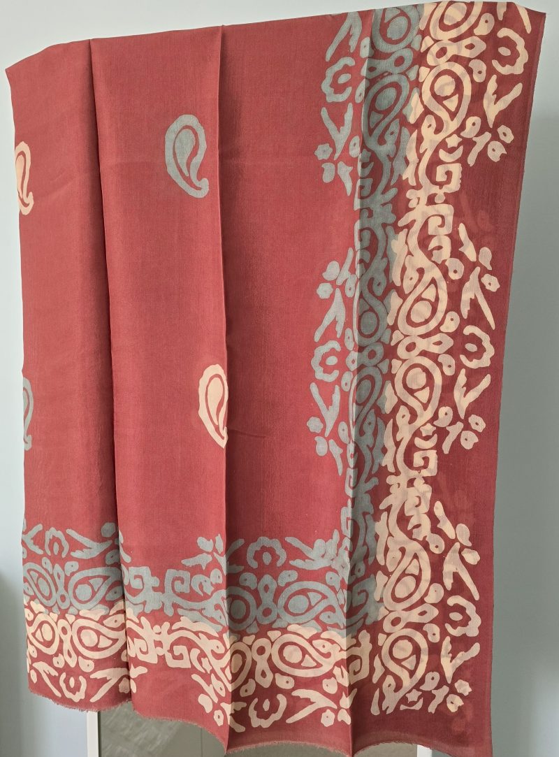 Currant Red Kelagayi scarf with White and Teal patterns 120cm x 120cm - Image 3