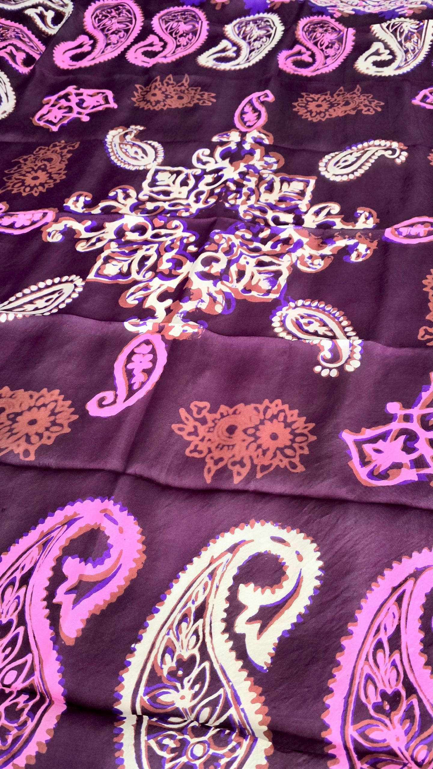 Dark Brown Kelagayi with White, Pink and Purple patterns Silk scarf - Image 4