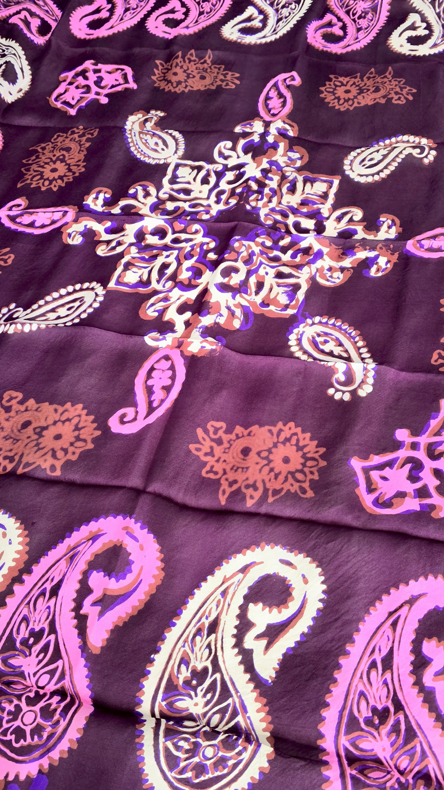 Dark Brown Kelagayi with White, Pink and Purple patterns Silk scarf - Image 3