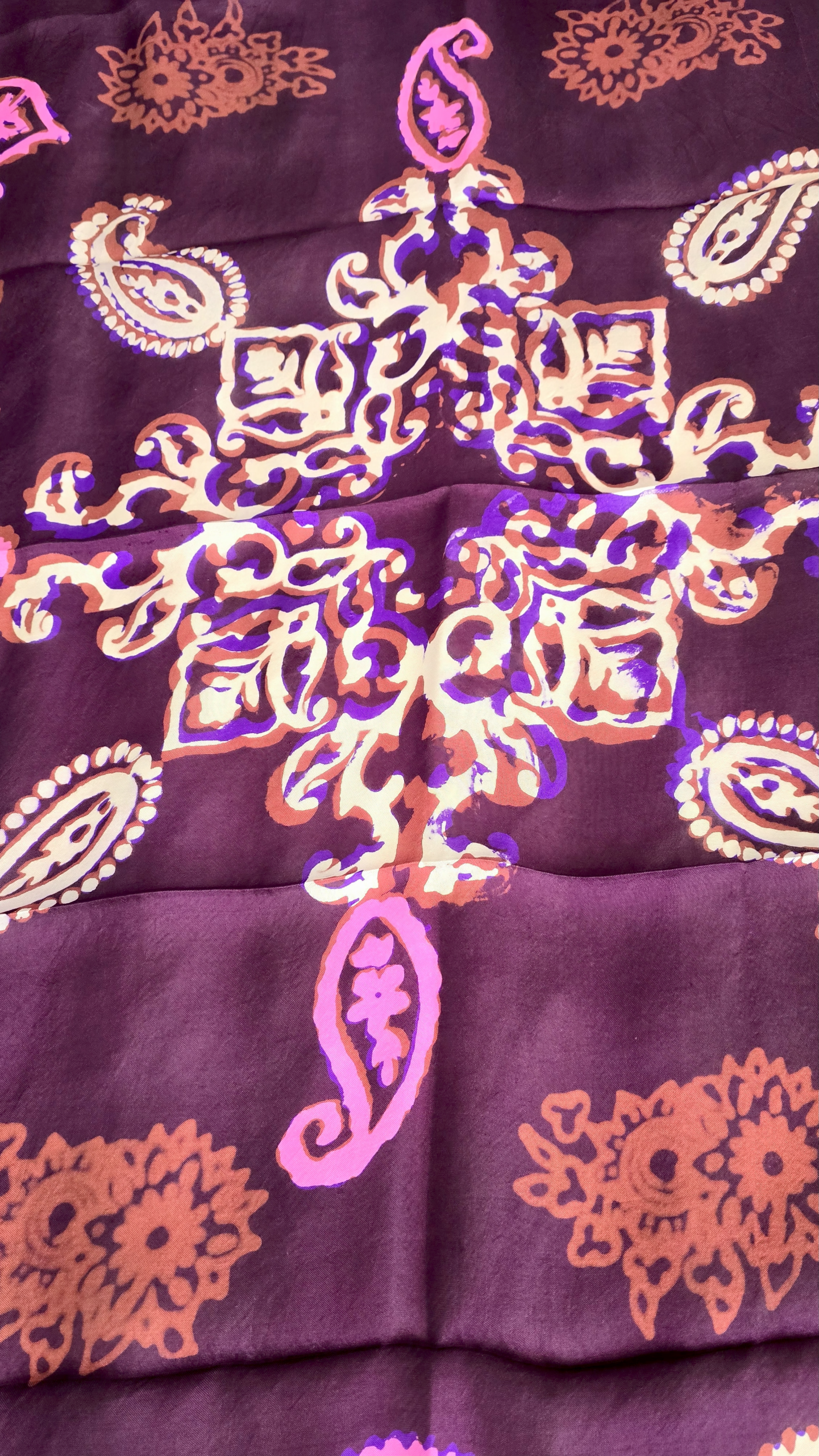 Dark Brown Kelagayi with White, Pink and Purple patterns Silk scarf - Image 2