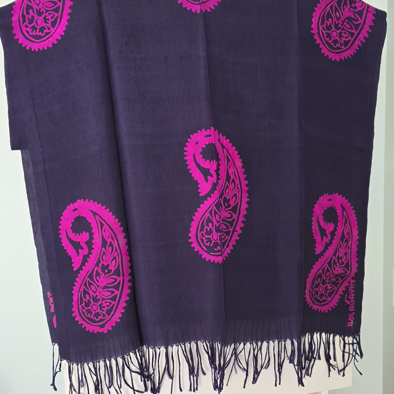 Navy Kelagayi scarf with Pink Buta patterns 190cmx65cm