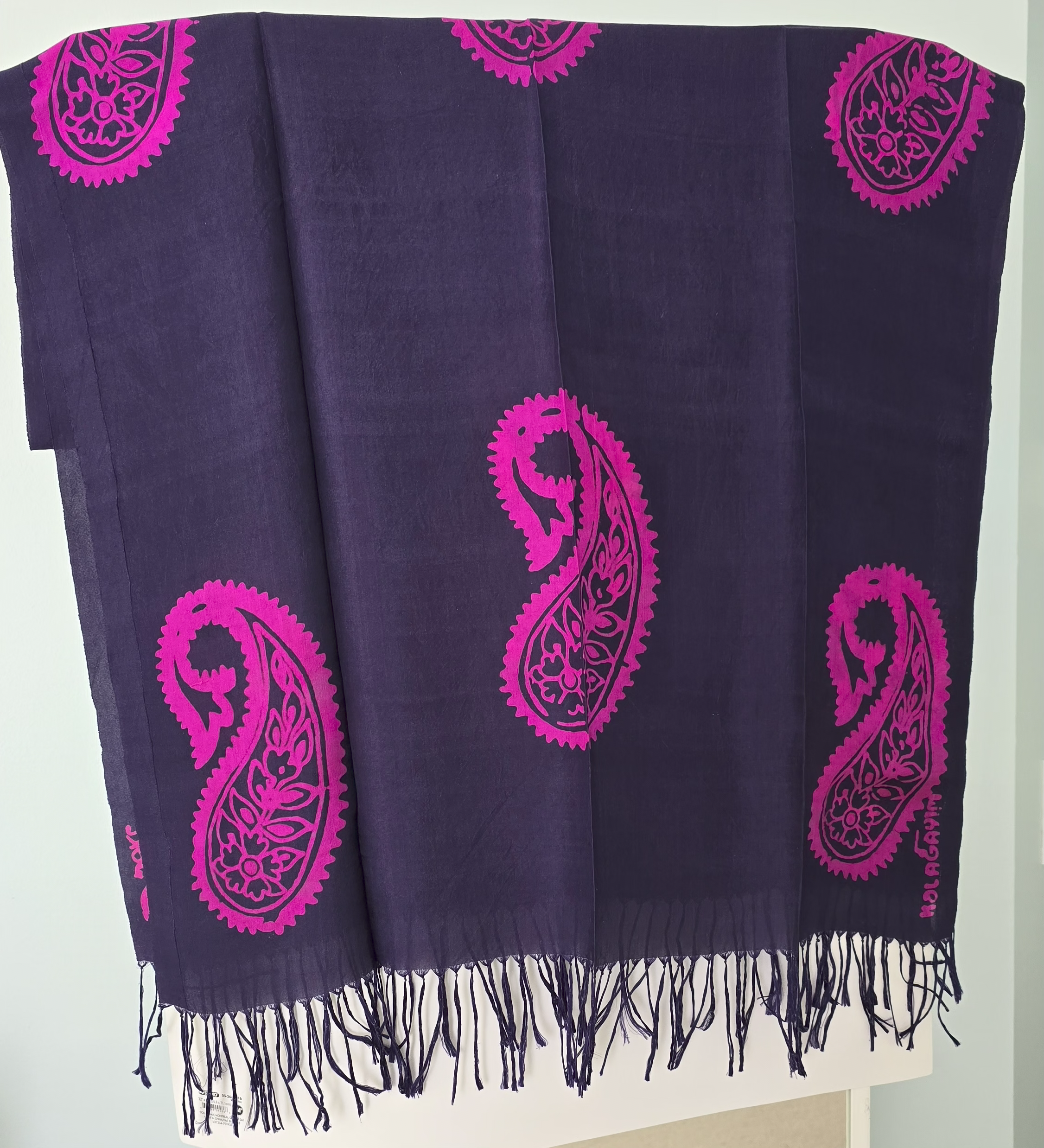 Navy Kelagayi scarf with Pink Buta patterns 190cmx65cm