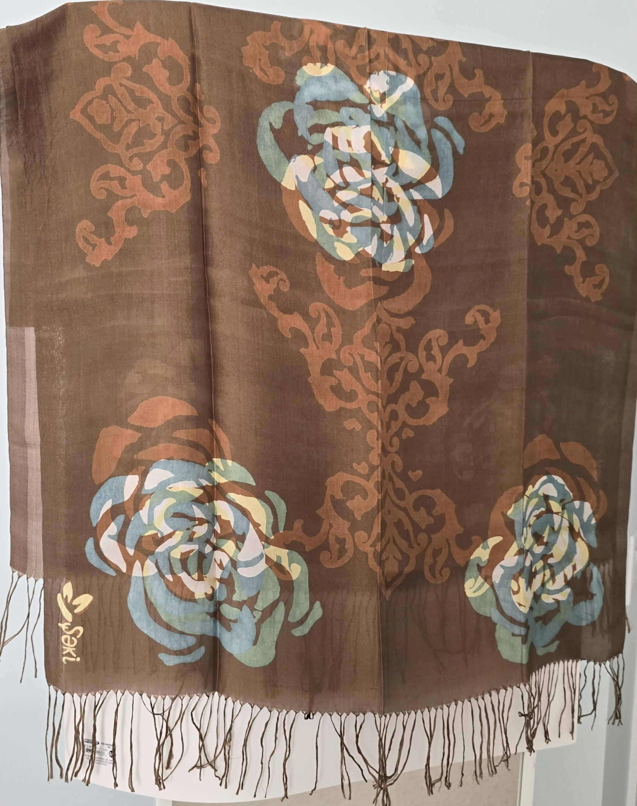 Golden Brown Kelagayi scarf with White, Teal and Yellow Roses 190cmx65cm - Image 2