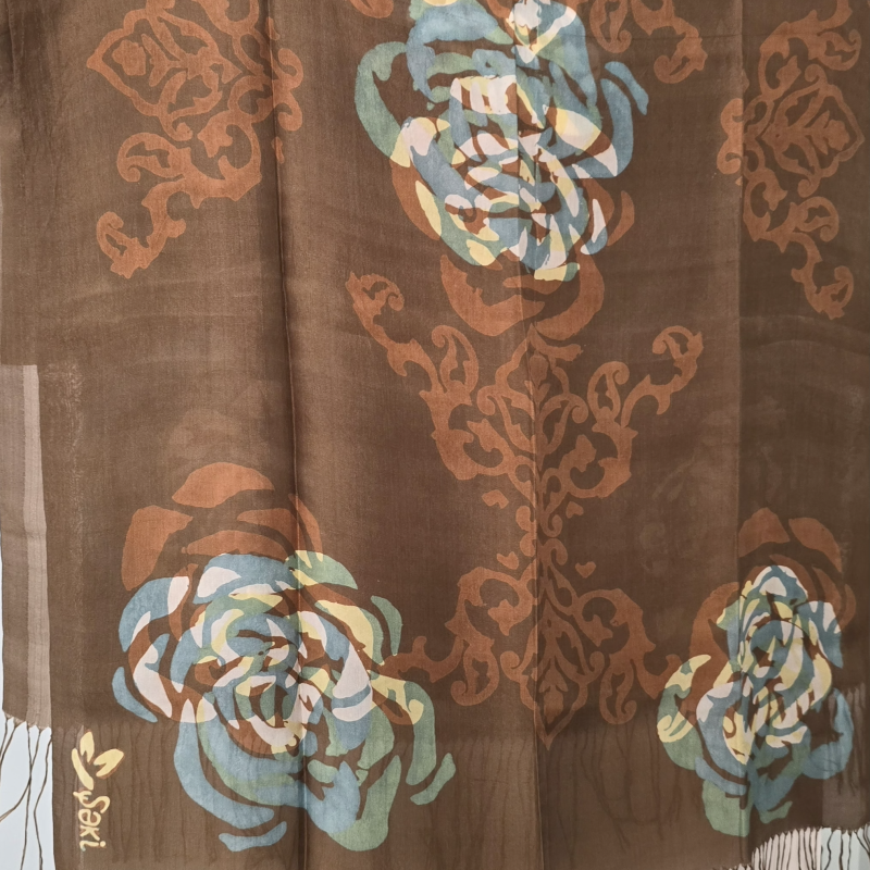 Golden Brown Kelagayi scarf with White, Teal and Yellow Roses 190cmx65cm