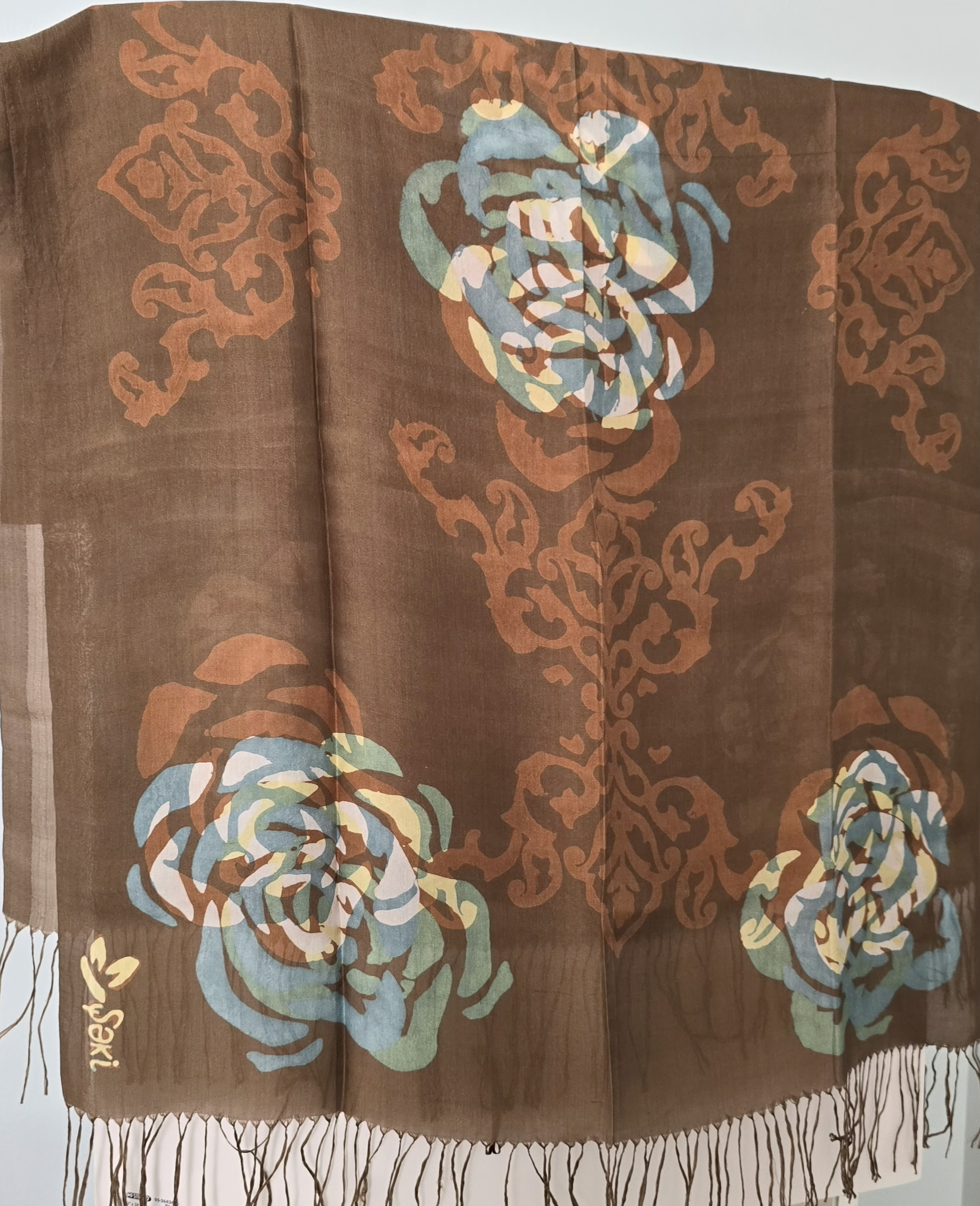 Golden Brown Kelagayi scarf with White, Teal and Yellow Roses 190cmx65cm