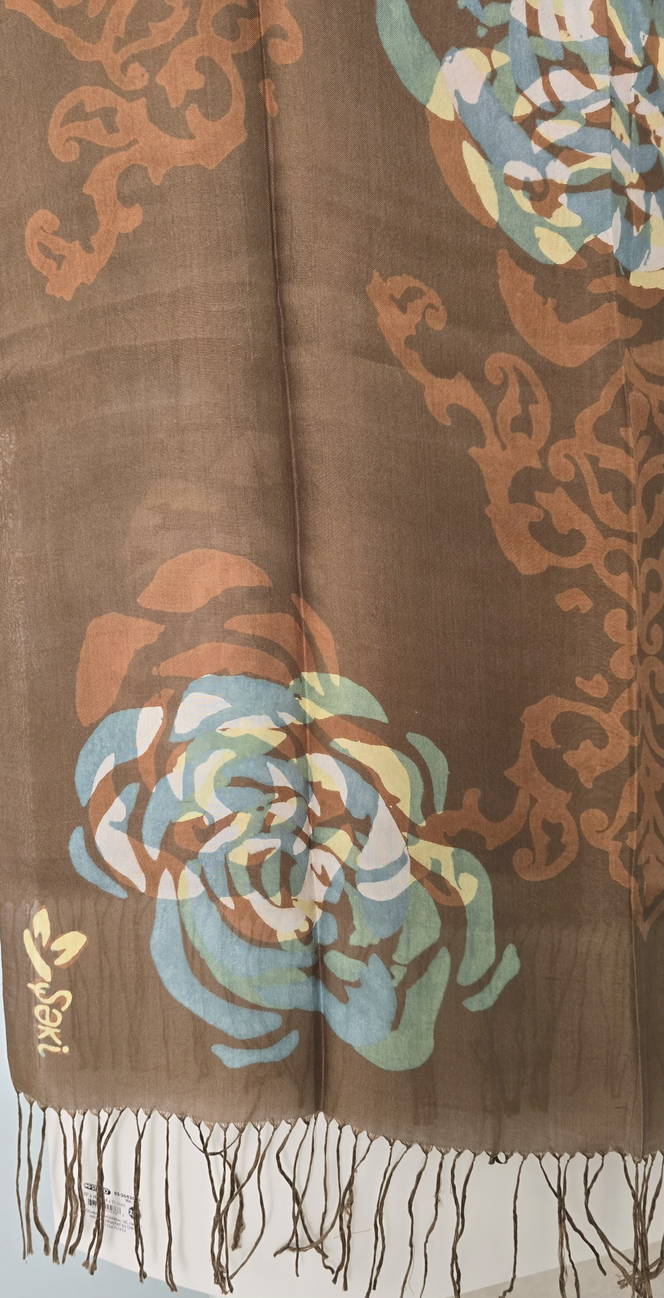 Golden Brown Kelagayi scarf with White, Teal and Yellow Roses 190cmx65cm - Image 5