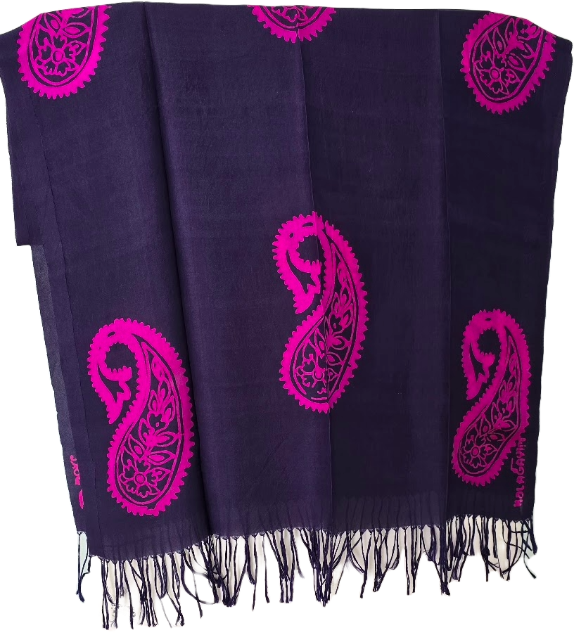 Navy Kelagayi scarf with Pink Buta patterns 190cmx65cm - Image 4