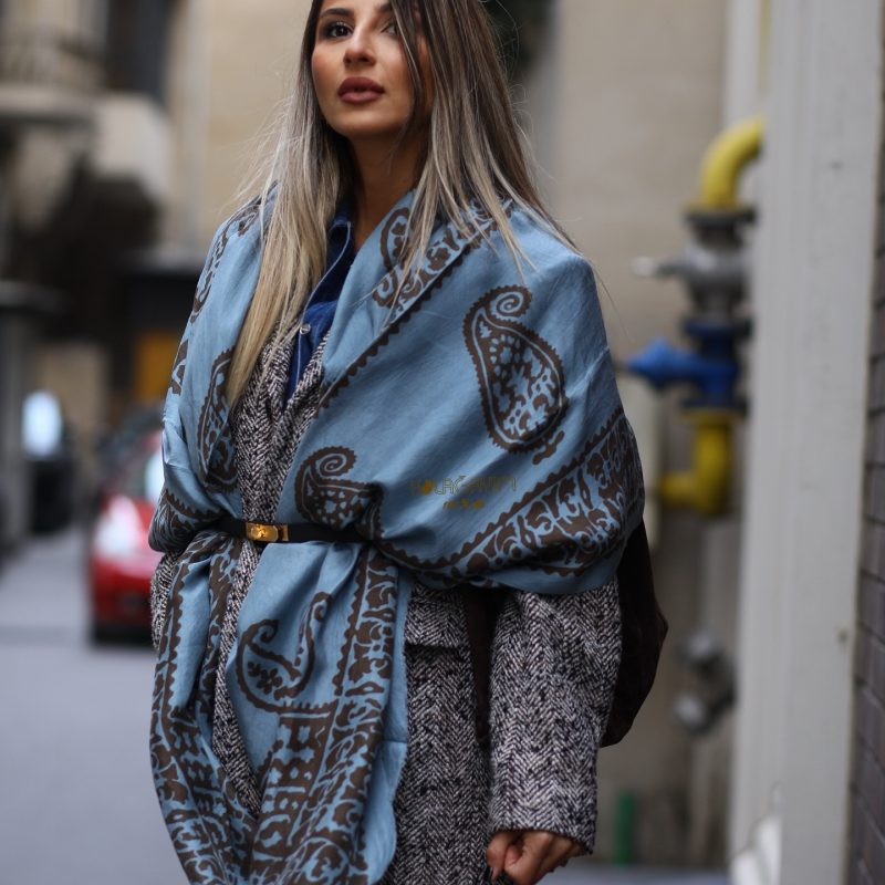 Dark Blue-Gray Kelagayi with Brown patterns Silk scarf