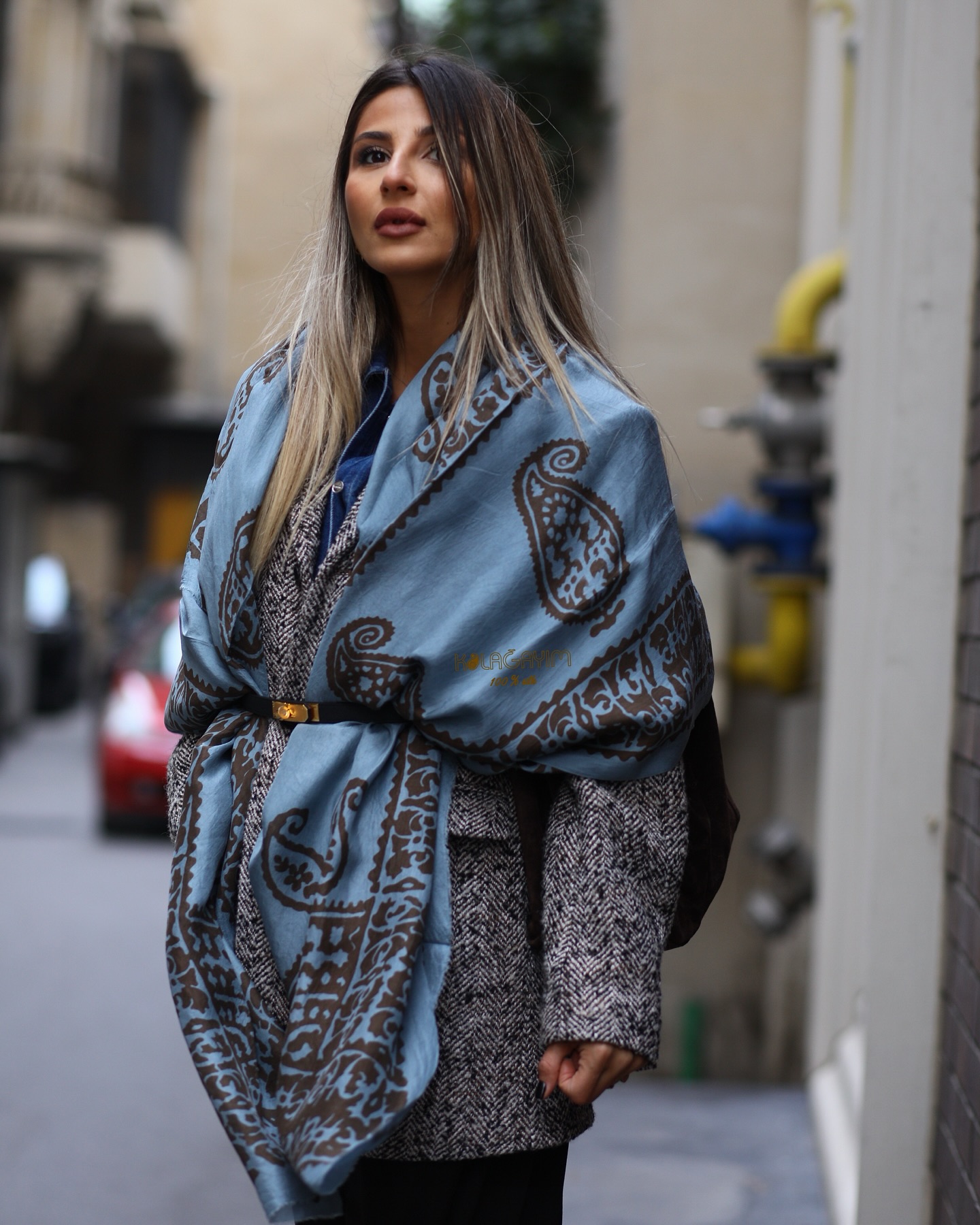 Dark Blue-Gray Kelagayi with Brown patterns Silk scarf