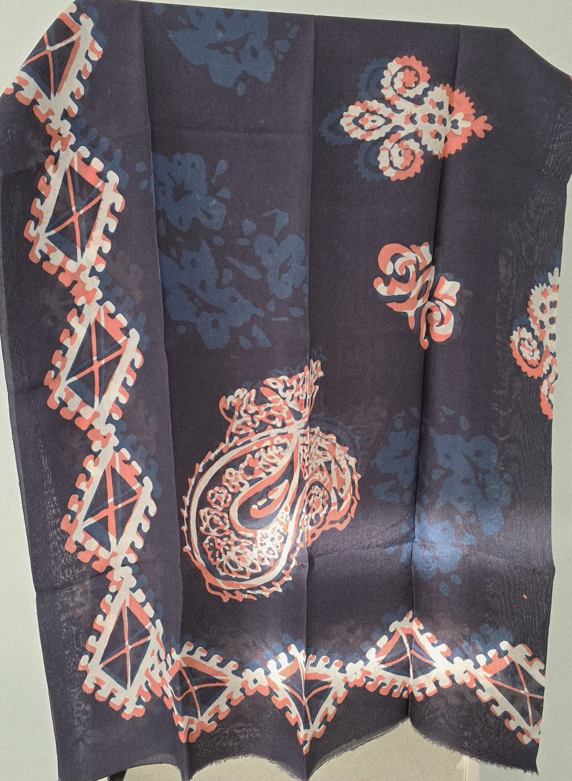 Navy Kelagayi with White, Coral and Sea Blue patterns 120cm x 120cm