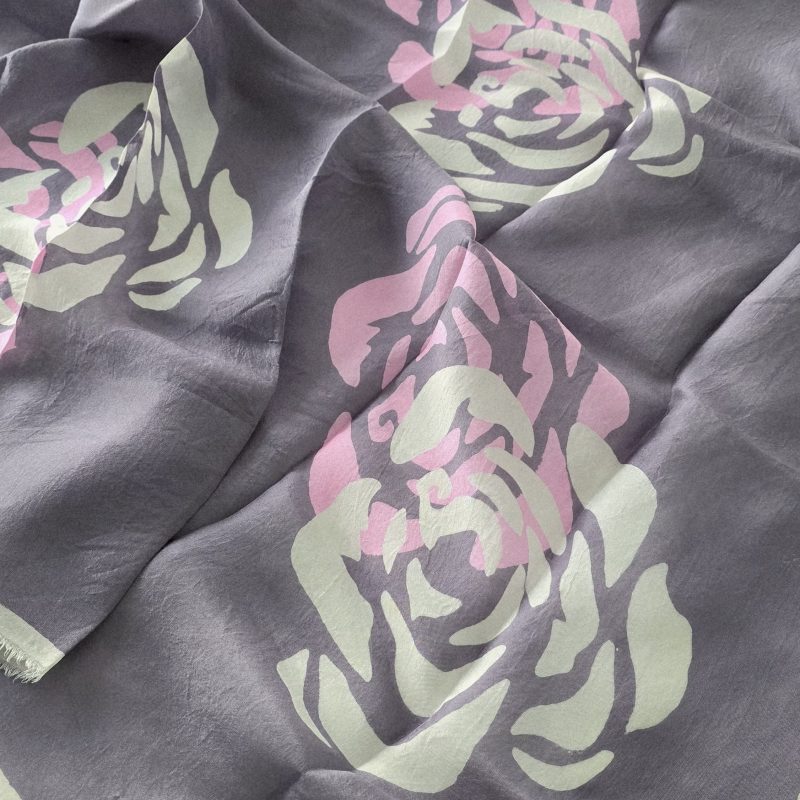 Dark Grey Kelagayi scarf with White and Pink Roses patterns 120cm x 120cm