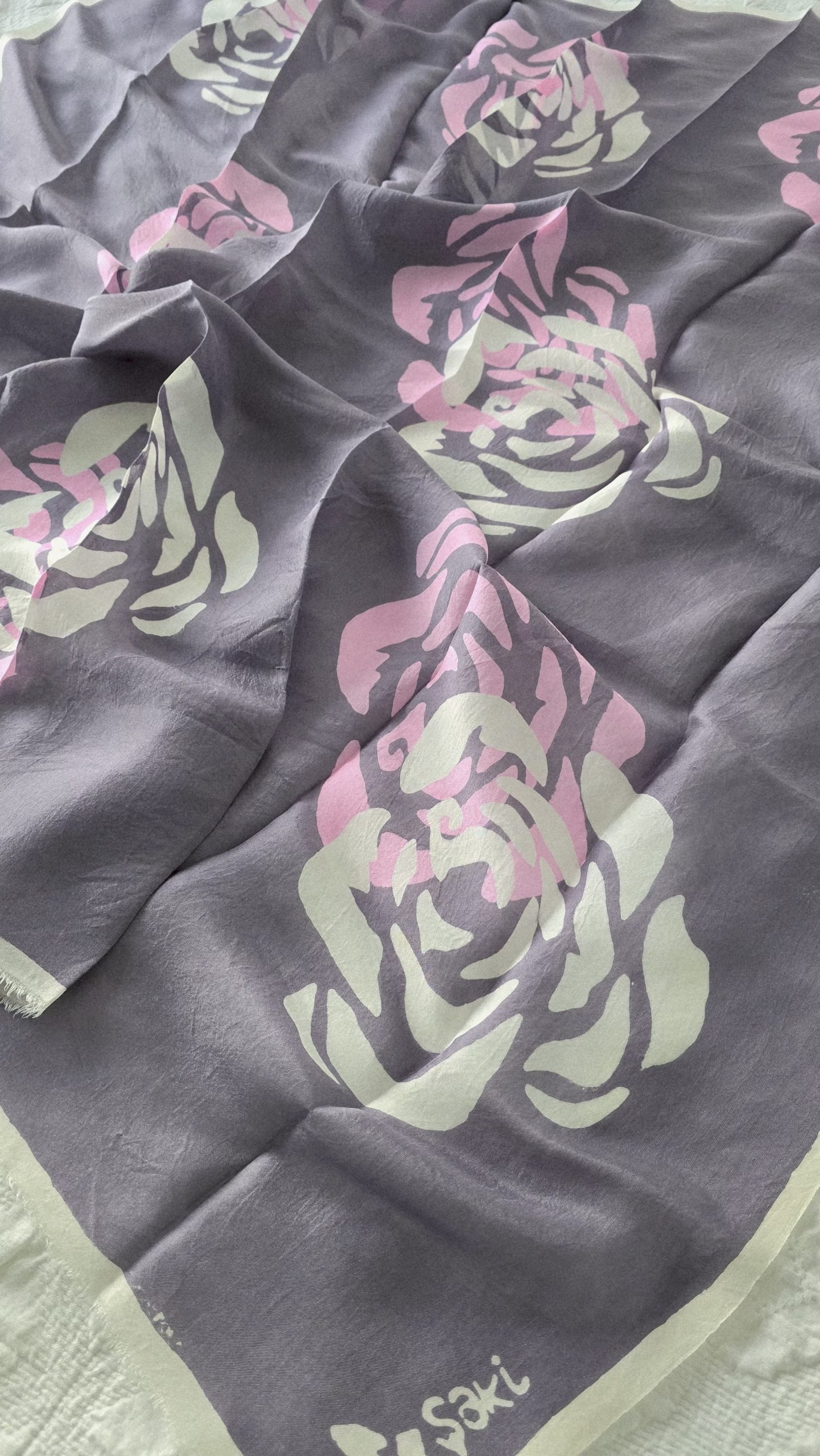 Dark Grey Kelagayi scarf with White and Pink Roses patterns 120cm x 120cm