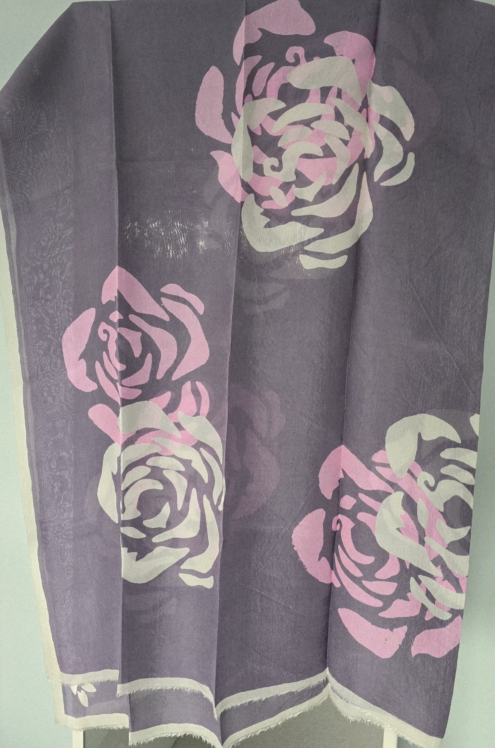 Dark Grey Kelagayi scarf with White and Pink Roses patterns 120cm x 120cm - Image 2