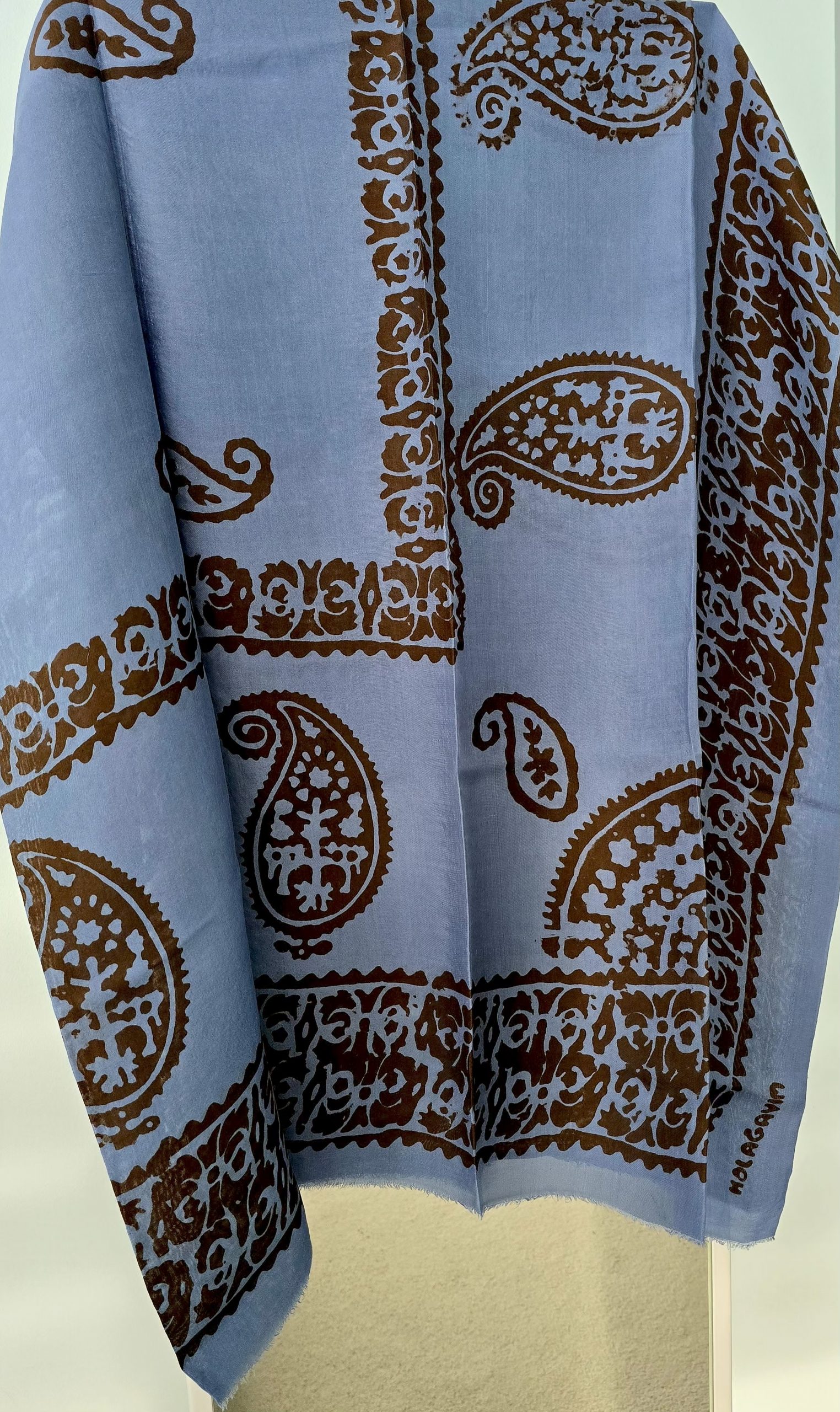 Dark Blue-Gray Kelagayi with Brown patterns Silk scarf - Image 3